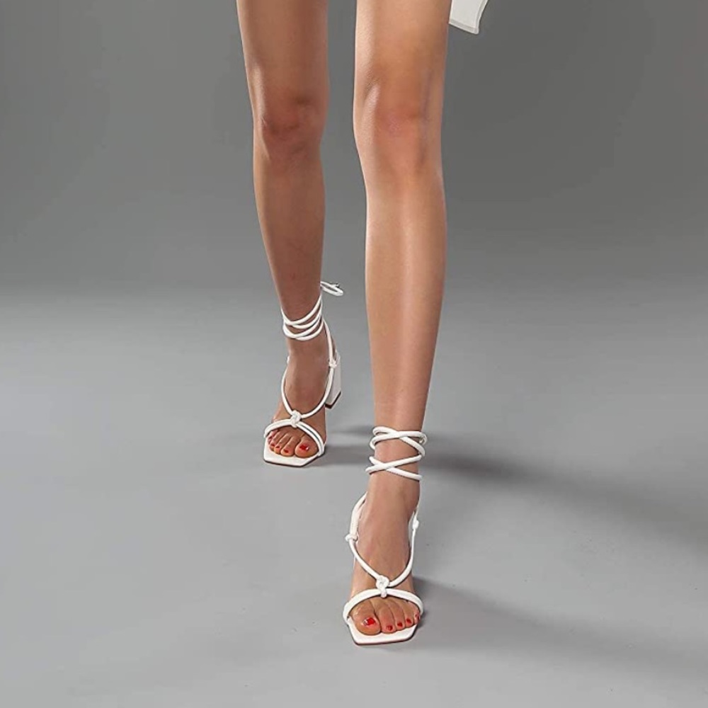 White lace up strappy chunky heels